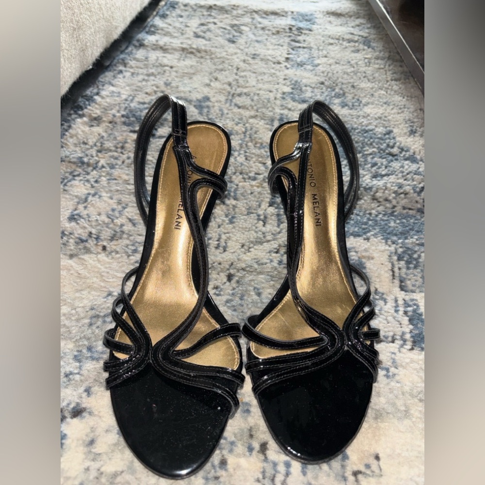ANTONIO MELANI Black and Gold Strappy Heels